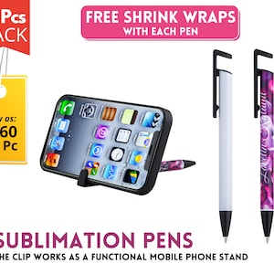 Op de afbeelding: Een verpakking met 10 sublimatiepennen met een telefoonstandaardclip. De pennen zijn wit met een zwarte clip en een zwarte punt. De telefoonstandaard is zwart en heeft een witte telefoon-schermmockup. De tekst op de afbeelding luidt "10 Pcs PACK", "FREE SHRINK WRAPS WITH EACH PEN", "As low as: $1.60 Per Pc", en "SUBLIMATION PENS THE CLIP WORKS AS A FUNCTIONAL MOBILE PHONE STAND".