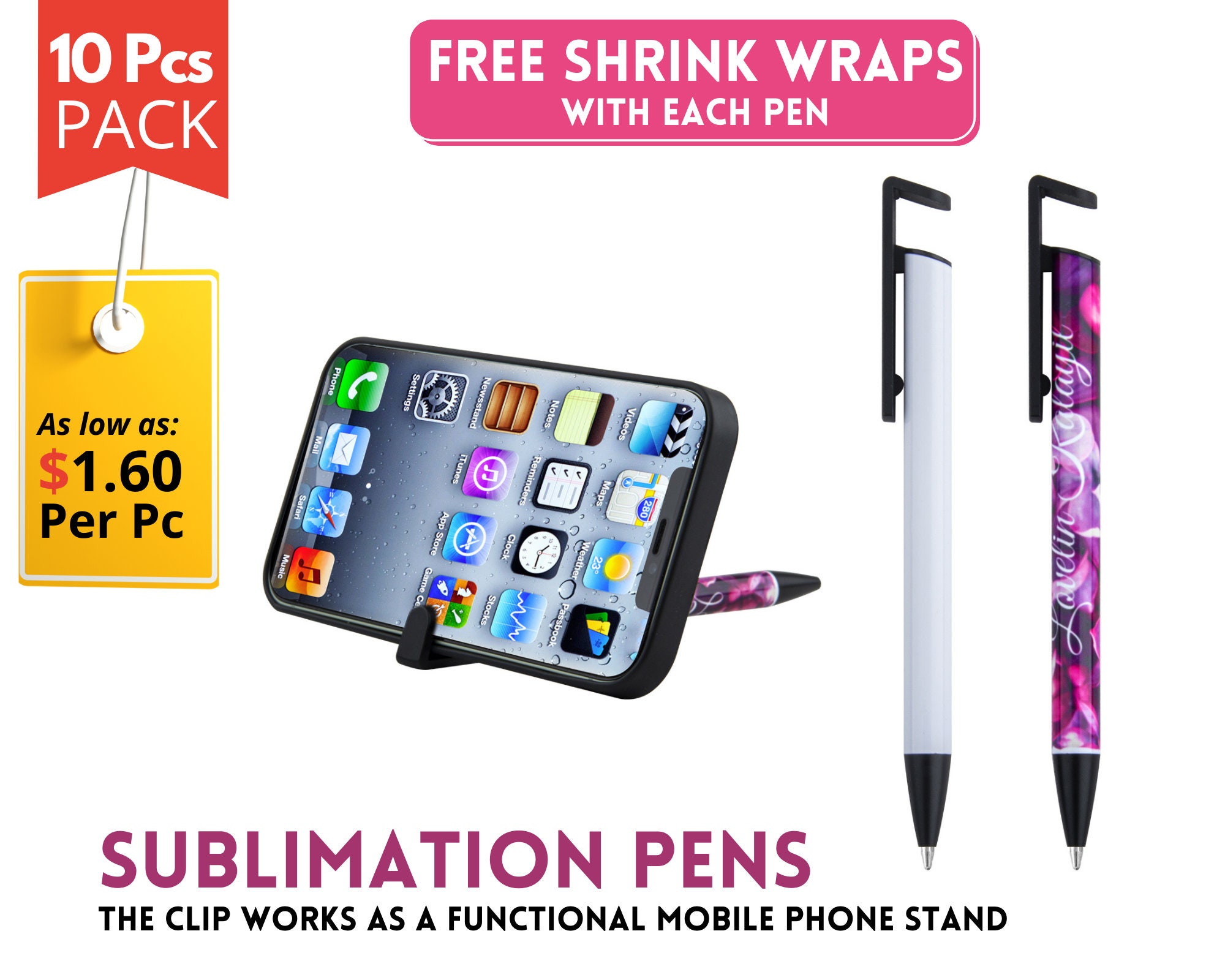Pack of 10 Sublimation Pen Blanks with Shrink Wrap Coated Aluminum