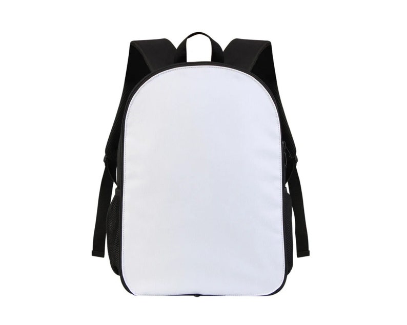 May include: A white blank backpack with black straps and a zipper. The backpack has a mesh pocket on the side.