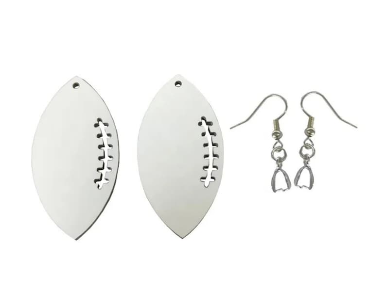 May include: A pair of white football-shaped earrings with a silver hook and jump ring. The earrings are blank and ready to be painted or decorated.