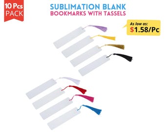 10 marcadores de sublimación en blanco / Marcadores de libros de aluminio de doble cara de alto brillo con borlas disponibles en 8 colores