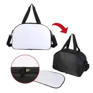 May include: A white blank duffel bag with black straps and a zipper. The bag is shown open with a black lining. The bag is also shown closed with a black zipper.