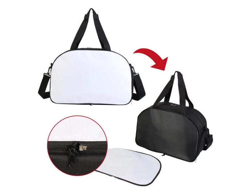 May include: A white blank duffel bag with black straps and a zipper. The bag is shown open with a black lining. The bag is also shown closed with a black zipper.