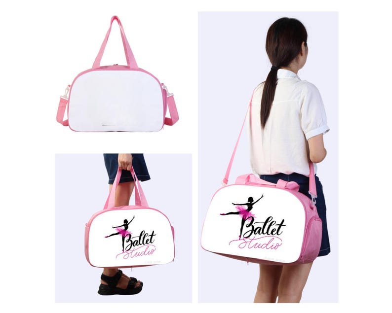 May include: Pink duffel bag with a white background and a black graphic of a ballerina with the text "Ballet Studio".
