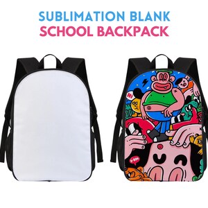 May include: A black sublimation blank school backpack with a white front panel and adjustable straps. The backpack is shown next to a similar backpack with a colorful cartoon design featuring a large, green, cartoon character with a blue shirt and a pink, cartoon character with a blue eye.