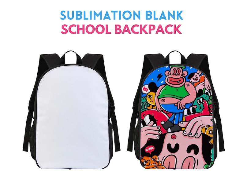 May include: A black sublimation blank school backpack with a white front panel and adjustable straps. The backpack is shown next to a similar backpack with a colorful cartoon design featuring a large, green, cartoon character with a blue shirt and a pink, cartoon character with a blue eye.