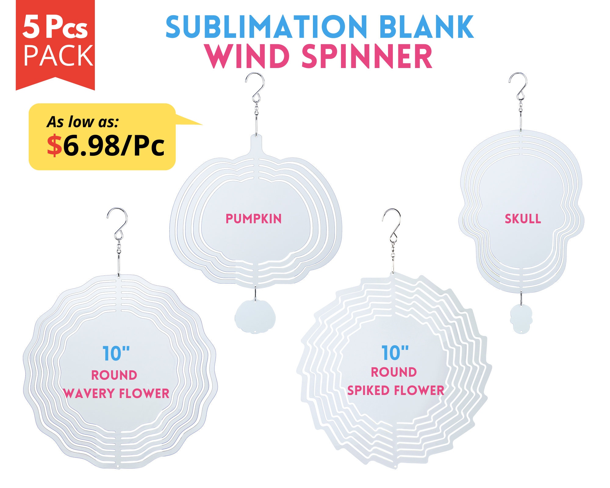 5x Sublimation Wind Spinner Sublimation Blanks Wind Spinners Double Sided  Spinner Blanks in 4 Shapes Round Flower, Pumpkin, Skull Shapes 