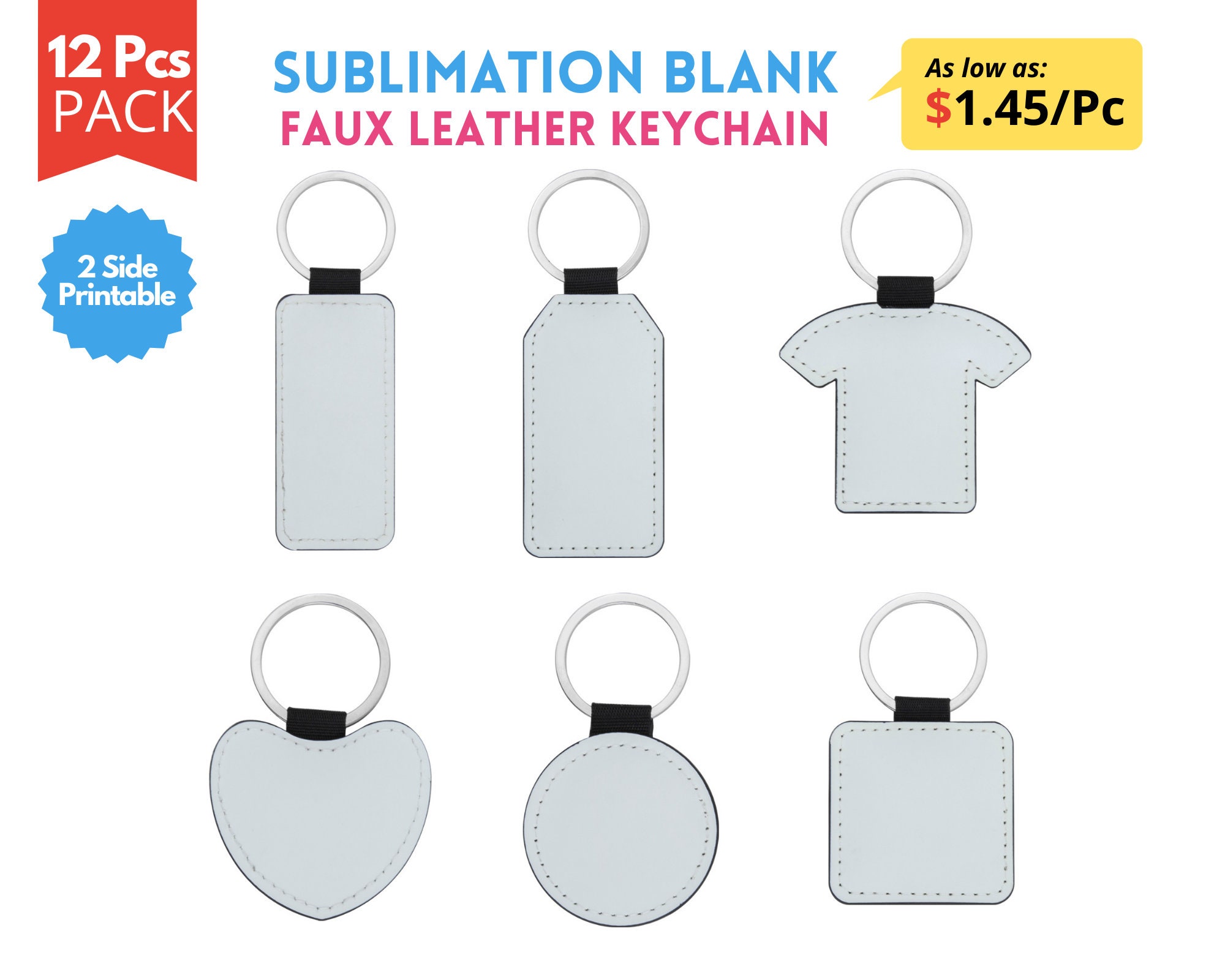 12x Sublimation Keychain Blanks 2 Side Printable Faux Leather Available in  6 Shapes Sublimation Faux Leather Keychain 