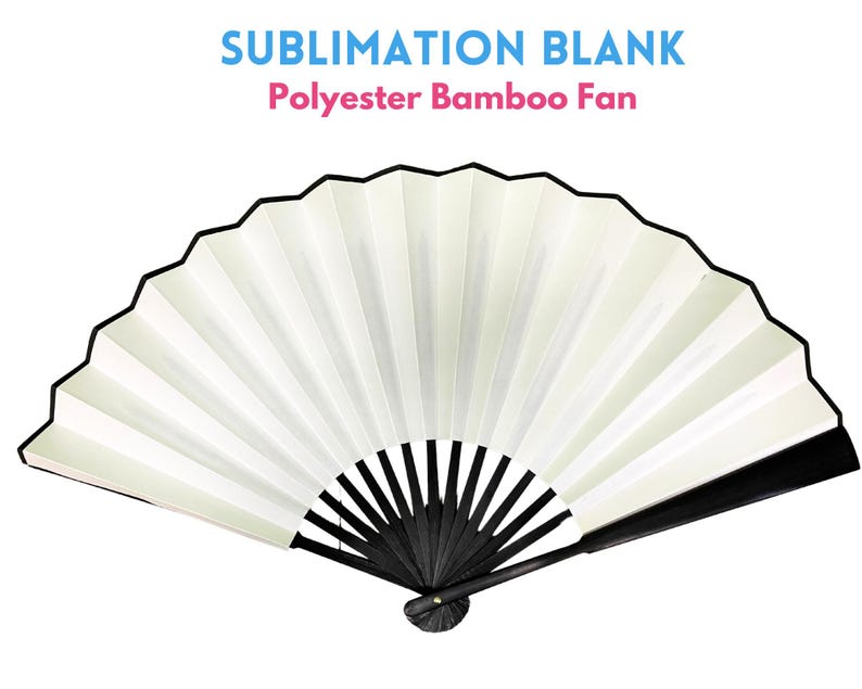 Op de afbeelding: Witte bamboe-waaier van polyester met een zwarte handgreep. Sublimatie blanco.