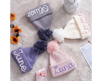 Personalized Hand-Embroidered Knitted Cotton Baby Bonnet with Name