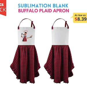 May include: Five pack of sublimation blank buffalo plaid aprons. Each apron has a white top section and a red and black buffalo plaid bottom section.