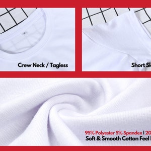 May include: White short-sleeved t-shirt with a crew neck and tagless design. The fabric is 95% polyester and 5% spandex, with a 200 GSM soft and smooth cotton feel.