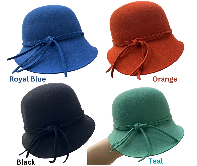 1960s Hats Styles | Women’s Hat History     Ladies Wool Felt Vintage Cloche Hat Classic Stylish Asymmetrical Upturn Brim Double Band Knot Warm Comfy Crushable Rainproof Adjustable  AT vintagedancer.com