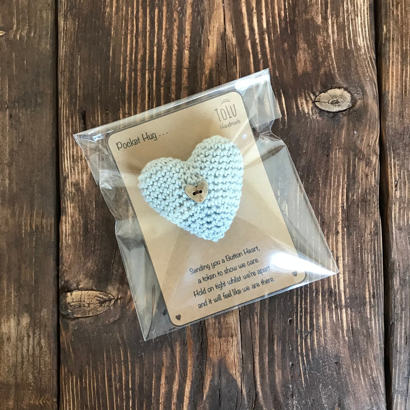 Handmade Crochet Pocket Hug Padded Button Heart in Grey. Etsy UK