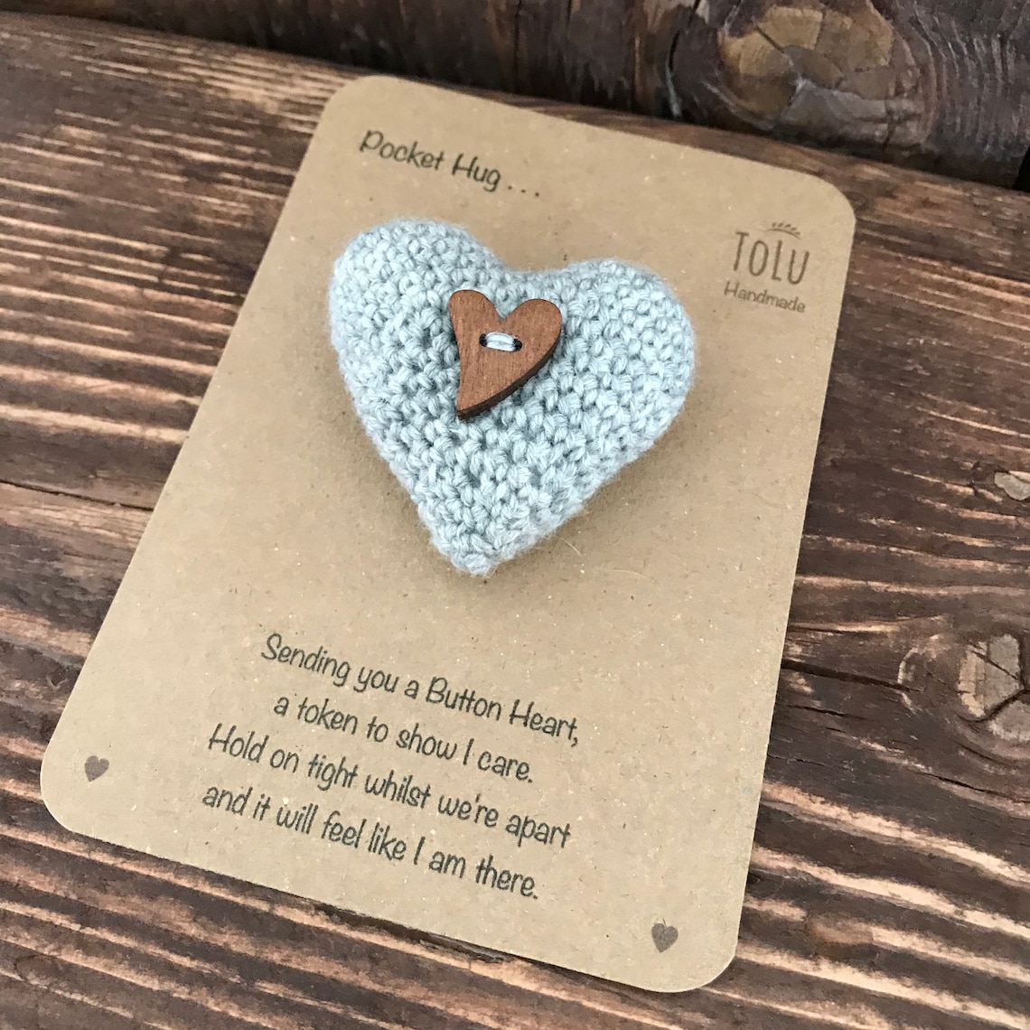Handmade Crochet Pocket Hug padded button heart in Grey. Etsy