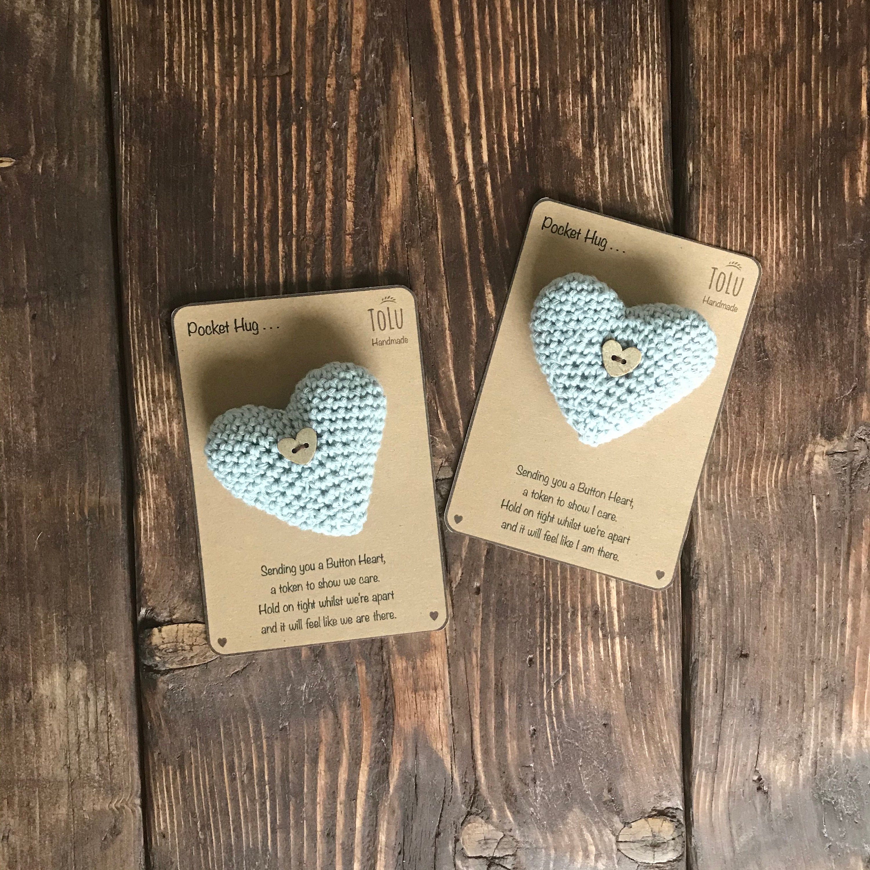 Handmade Crochet Pocket Hug Padded Button Heart in Grey. Etsy UK