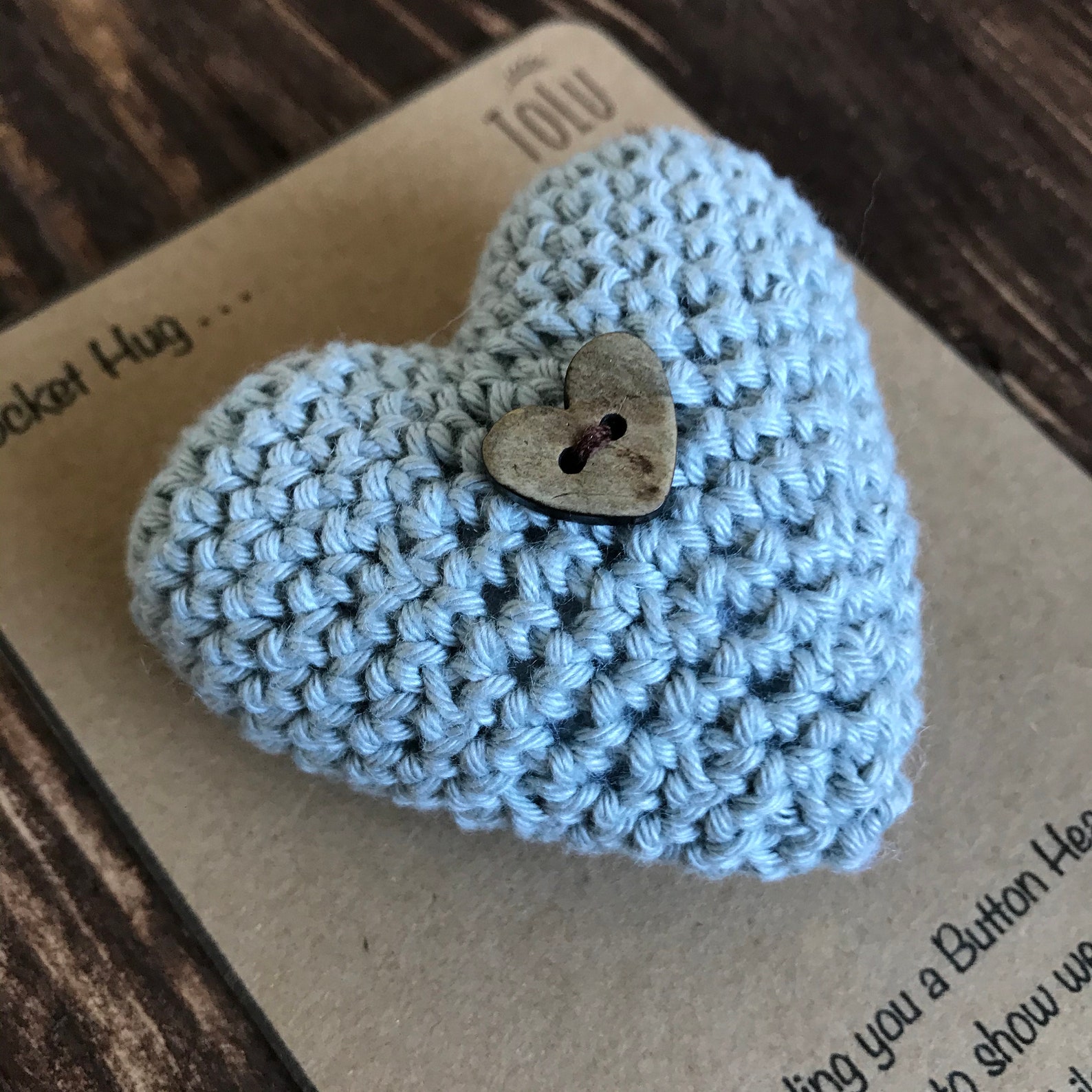 Handmade Crochet Pocket Hug Padded Button Heart in Grey. Etsy UK