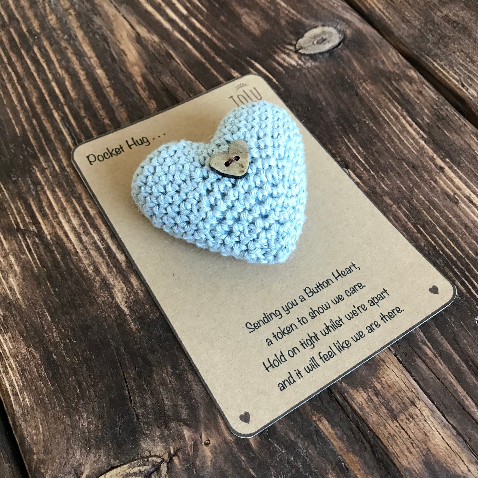 Handmade Crochet Pocket Hug Padded Button Heart in Grey. Etsy UK
