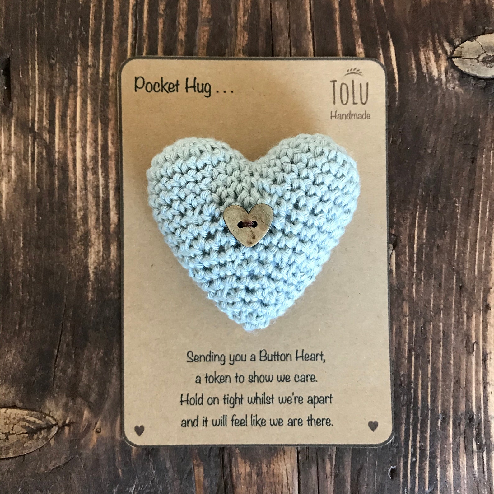 Handmade Crochet Pocket Hug Padded Button Heart in Grey. Etsy UK