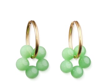 Aros de vidrio reciclado verde claro, diseño minimalista moderno, aros de acero inoxidable, diseño floral verde, regalo ecológico