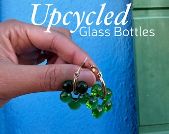 Green upcycled bottles glass hoops, modern minimalist design, stainless steel hoops, green floral design, eco-friendly gift