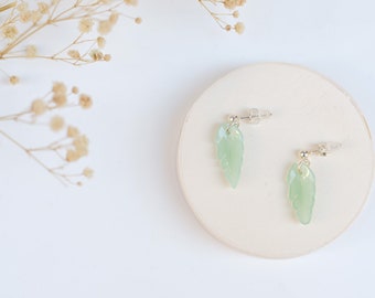 Fused glass leaf earrings, nature earrings, sterling silver earrings,  nature hoop, Recycled glass, green girl gift, crystal earrings dangle