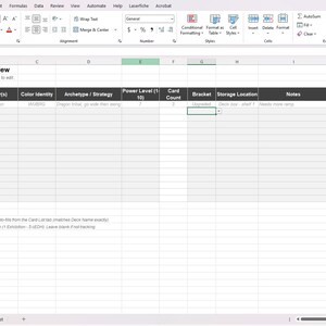 May include: A digital spreadsheet titled Commander Decks Overview displayed in Microsoft Excel. The table includes columns for Deck Name, Commander, Color Identity, Archetype, Power Level, Card Count, Bracket, Storage Location, and Notes.