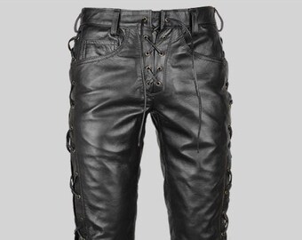 Men's Leather Biker Pant, Genuine Cow Plain Leather, Black Leather Pant,  Laces Style Pant, Man Leather Pant, Man Biker pant,