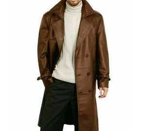 Men's Leather Trench Coat, Man Handmade  Long Coat, Genuine Leather Long Coat
