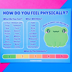 May include: A blue and green chart with the title "How Do You Feel Physically?"  The chart has two columns, one labeled "What Do You Feel?" and the other labeled "What Will Help?"  The chart also includes a green frog illustration and a scale labeled "What Is The Intensity?" with numbers 1 through 5.