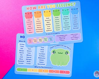 Puede incluir: Dos tarjetas coloridas con el texto "HOW ARE YOU FEELING?" y "HO". La tarjeta superior presenta ilustraciones de ranas que representan emociones como la ira y la felicidad. La tarjeta inferior enumera los síntomas físicos y los niveles de intensidad.