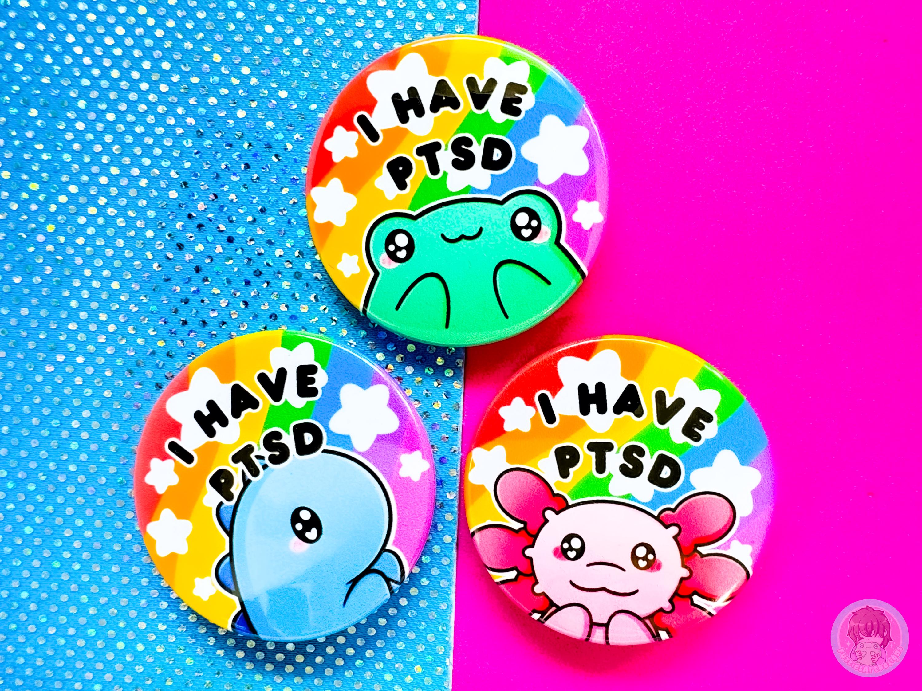 Botão de distintivo de PTSD, ferramenta de comunicação, arco-íris, sapo, dinossauro, axolote