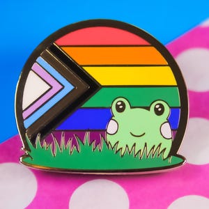 Puede incluir: Una bandera del orgullo arcoíris con una bandera genderqueer en blanco y negro en la esquina, con una rana verde sentada delante. La rana sonríe y tiene ojos blancos. La bandera está rodeada de hierba verde.