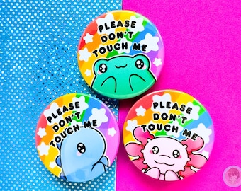 Por favor, não me toque, broche, ferramenta de comunicação, arco-íris, sapo, dinossauro, axolote