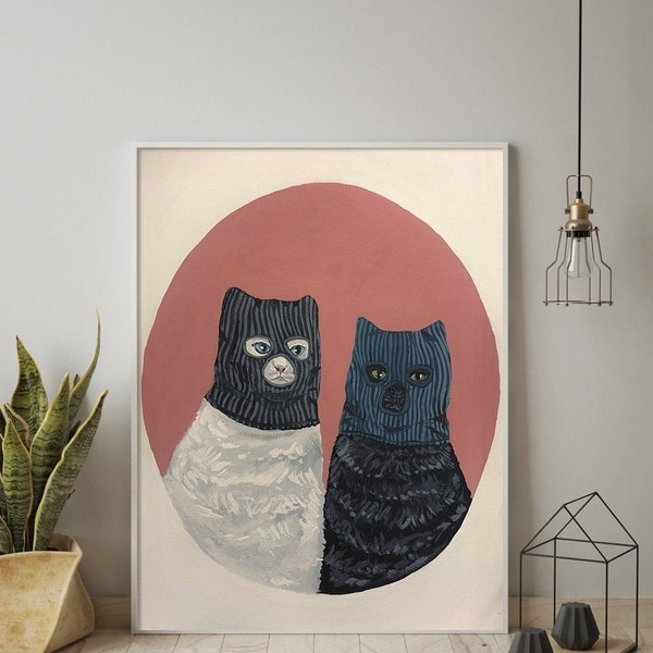 Cat with Mask Canvas Prints Painting Posters Thief Cat Animal Modern Nordic Wall Pictures Art for Kids Room Bedroom Home Decor