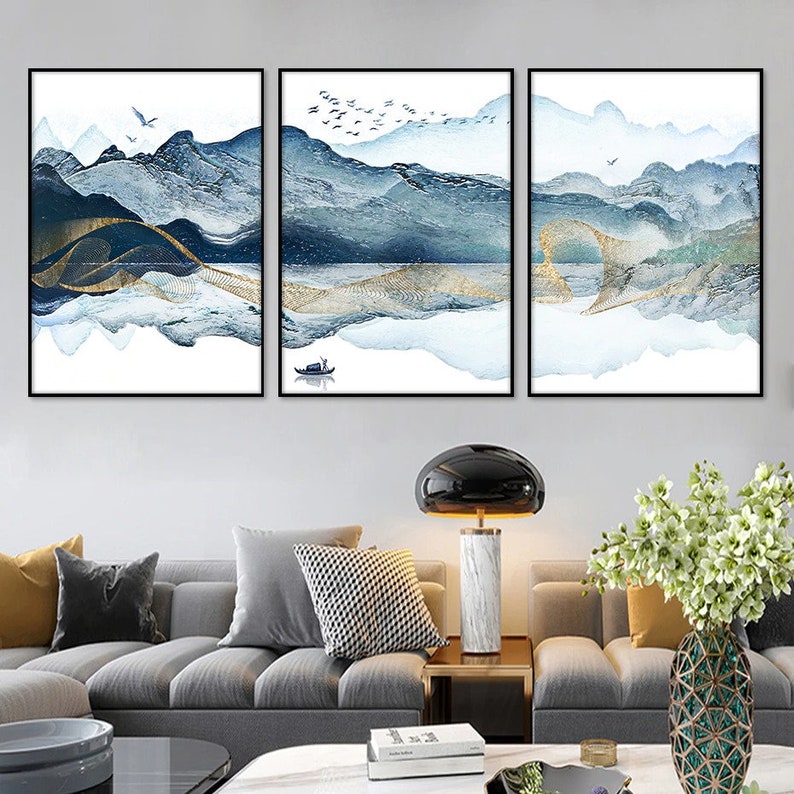 Watercolor Blue Gold Canvas Painting Abstract Mountain Art - Etsy