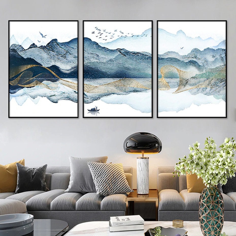 Watercolor Blue Gold Canvas Painting Abstract Mountain Art Lake Bird ...