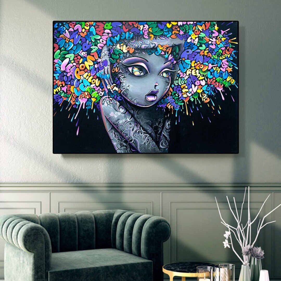 Cute Girl Graffiti Art Canvas Painting on the Wall Kid Living Room ...