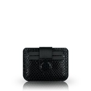 May include: Black leather card holder with a crocodile embossed pattern and a black elastic band.