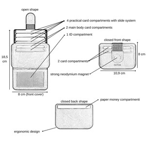 May include: A black leather wallet with multiple card slots, a money compartment, and a strong neodymium magnet closure. The wallet is shown in both open and closed positions, with dimensions of 8 inches by 10.9 inches.