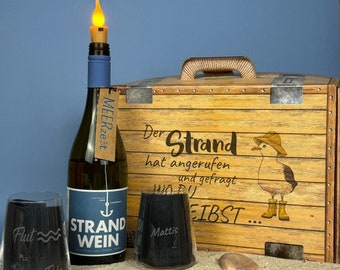 Geschenkpaket "Der Strand hat angerufen und gefragt wo Du bleibst...", groß, Strandwein inkl. LED Kerzenlicht