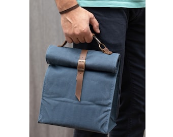 Waxed Canvas Lunch Bag, Insulated Lunch Bag, Lunch Box, Large Capacity, Genuinue Leather Picnic, Travel, Camp