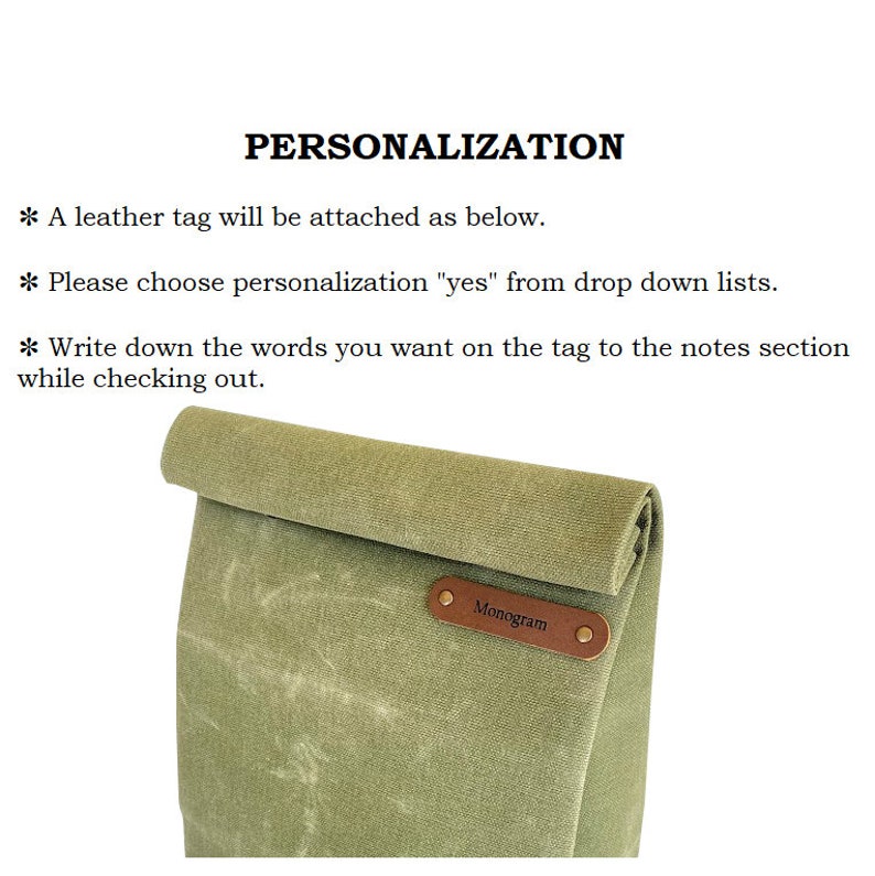 May include: A green canvas bag with a brown leather tag that says "Monogram". The bag is folded over at the top and has a distressed look.