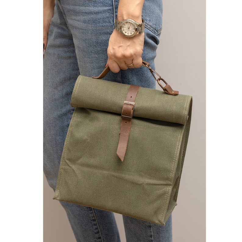 Lunch Bag, Insulated Lunch Bag, Wax Canvas Lunch Box, Large Capacity, Genuinue Leather Picnic, Travel, Camp 