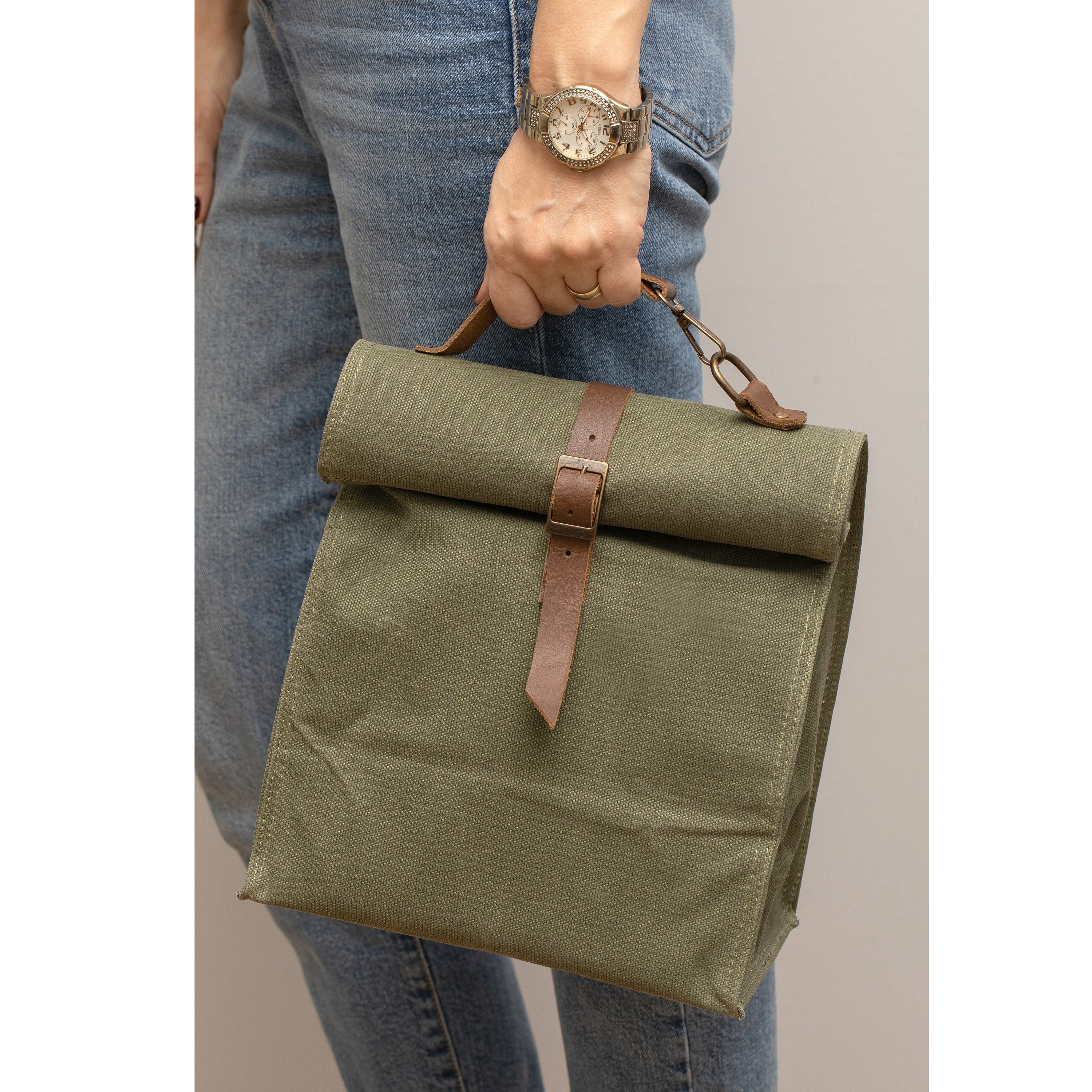 Waxed Canvas Insulated Lunch Bag, Personalized Large Capacity