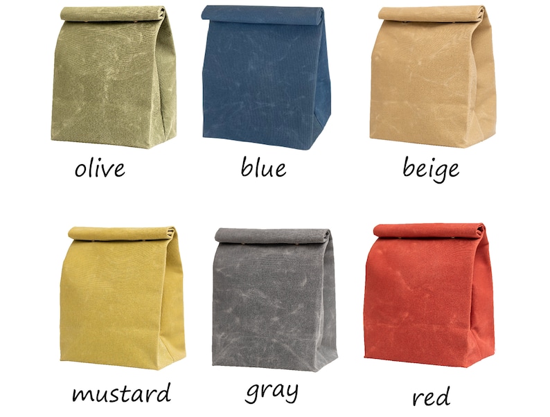 May include: Six canvas lunch bags in different colors: olive, blue, beige, mustard, gray, and red. The bags are folded and laid out on a white background.