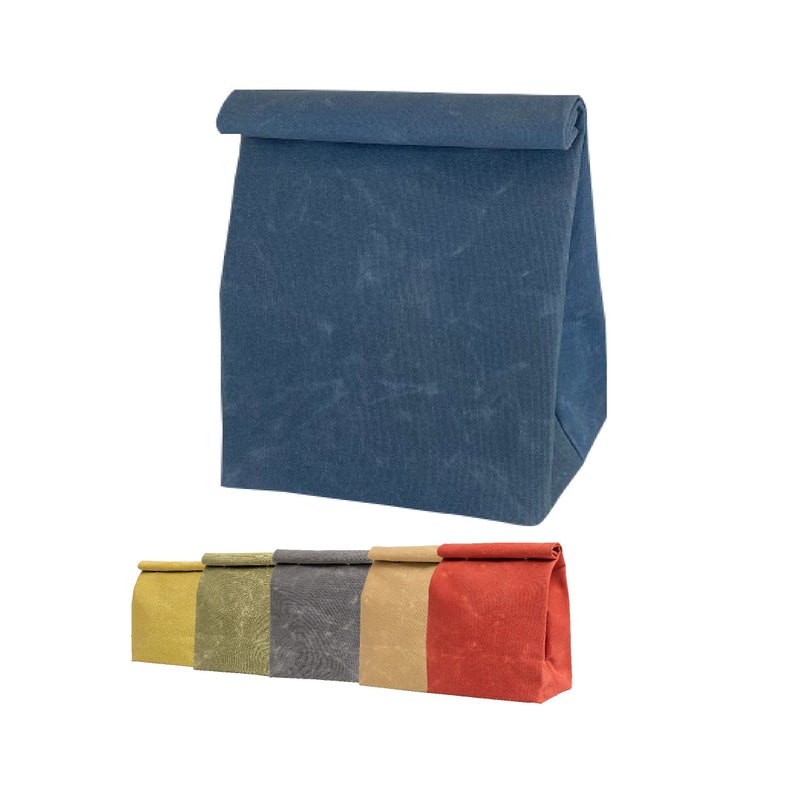 May include: Set of six reusable lunch bags in various colors, including yellow, green, gray, beige, red, and blue. The bags are made of a durable, water-resistant fabric and feature a fold-over top closure.