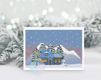 Printable Christmas Card, Holiday Card, Oil Painting Card, Digital Download Card, Merry Christmas Card, Snowing Card, Winter Card