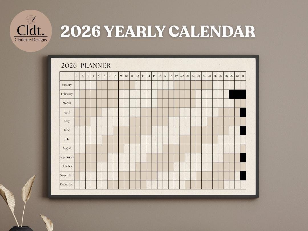 2026 Year at a Glance Yearly Calendar Printable: Horizontal Planner (A1 ...