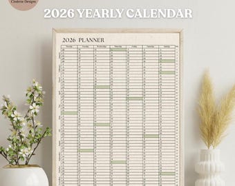 Calendário anual para impressão de 2026 em resumo, versão vertical, PDF tamanho A1